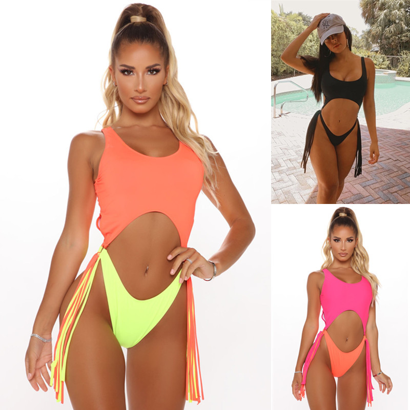 Pengxiang 2021 New One-piece Swimsuit European and American Swimsuit One-piece Contrast Color Tassel Sexy One-piece Swimsuit 2111-1