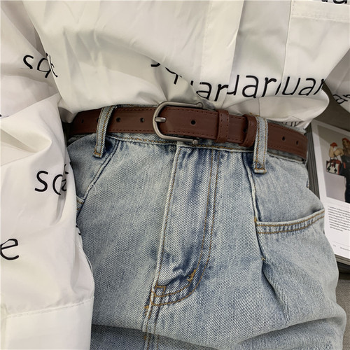 Belt female side buckle black Korean retro style belt student thin trouser belt simple and versatile bf style