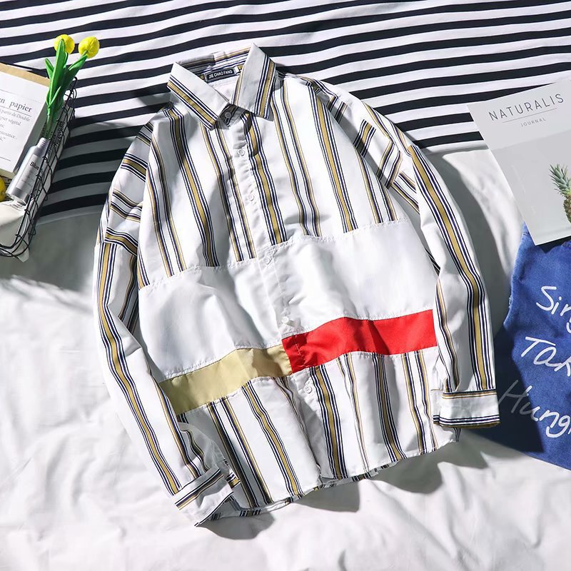 ins super popular retro Hong Kong style chic shirt men's long-sleeved striped shirt Net red ulzzang college style shirt