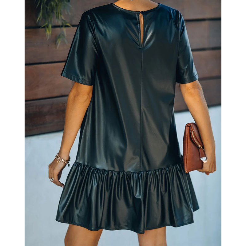 Autumn Winter Office Ruffled Loose Slimming Patent Leather Faux Leather Short Sleeve Dress