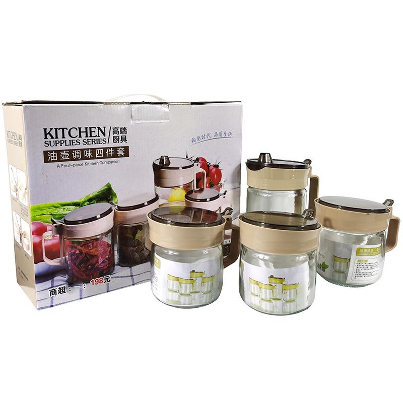 厂家批發 新款圆形玻璃油壶调味罐 防漏油瓶调味盒三四件套装礼品|ms