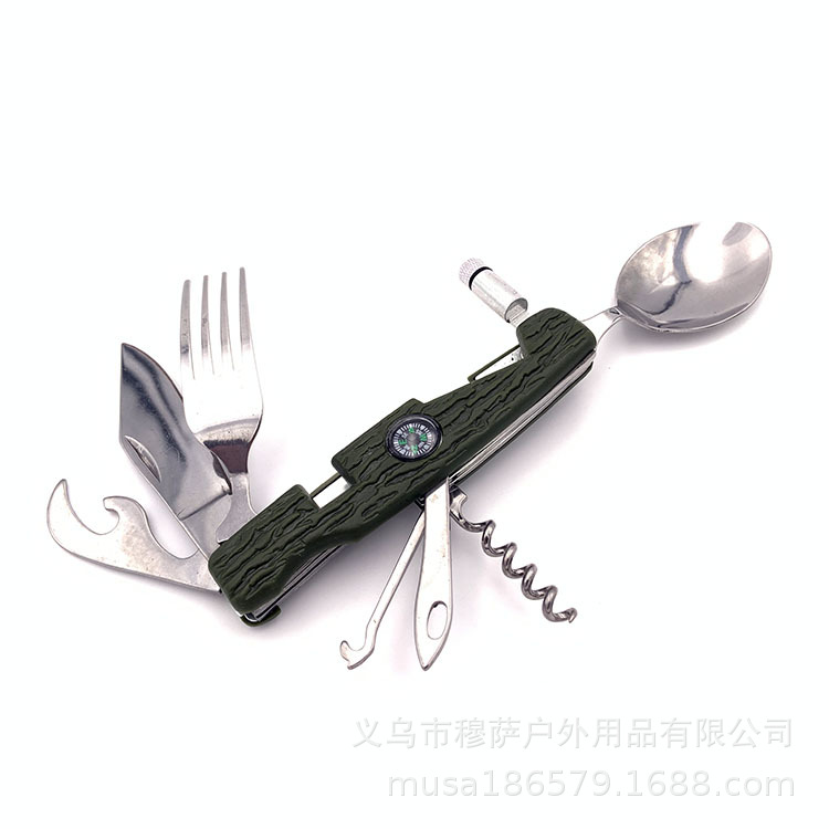 多功能小刀瑞士军刀8开指南针不锈钢刀叉组合多用途户外餐具