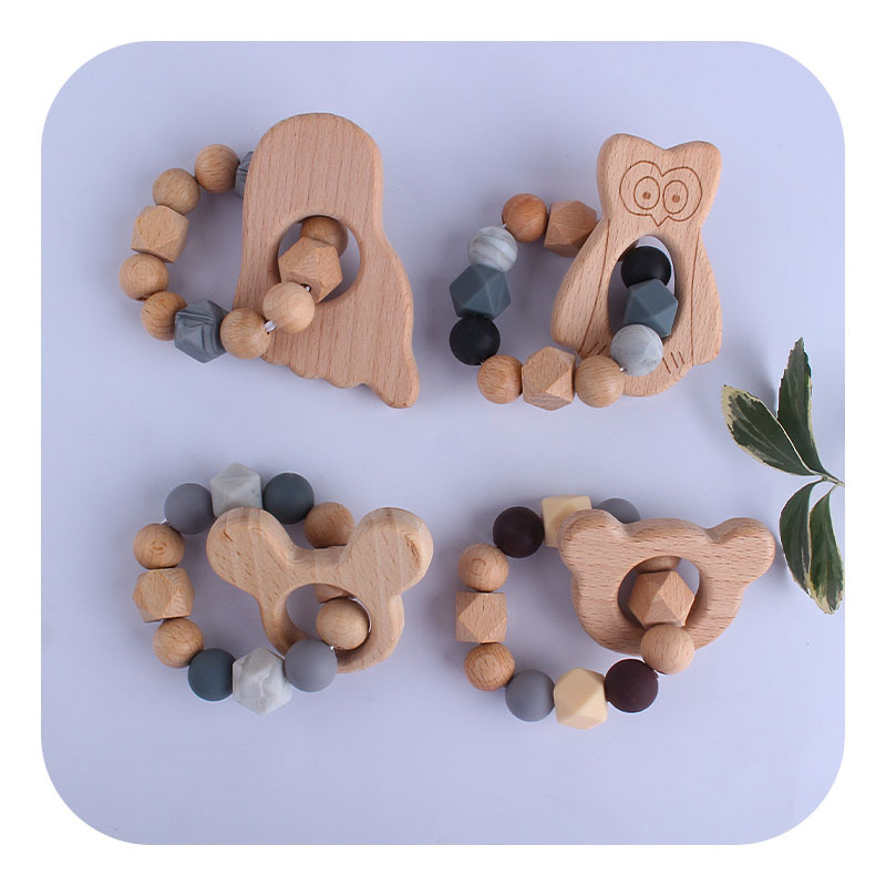 Bebé DIY creativo haya Animal de la historieta juguete mordedor pulsera nuevo gato cuentas silicona teether stick teether