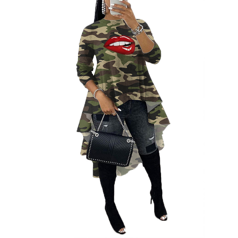 D8815 跨境女装亚马逊EBay热卖欧美时尚休闲迷彩嘴唇印花裙装