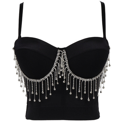 Women girls singer gogo dancers jazz dance diamond tassels bra tops belly latin punk rock nightclub bar dj hot dance show sexy fringe glitter short vests for sling steel ring shape wear tops