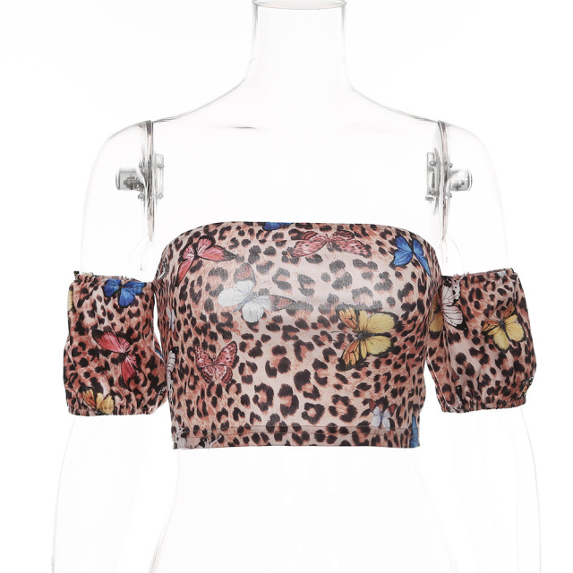 Leopard print bra foam sleeve open navel open back T-shirt