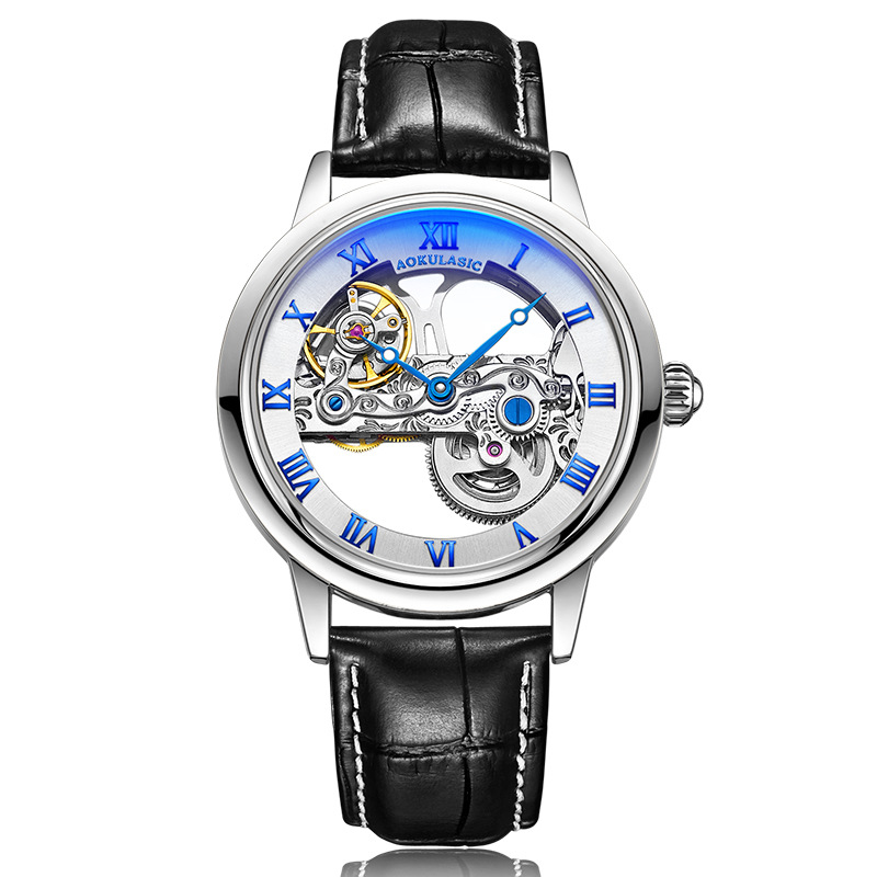 Ogulas AOKULASIC reloj mecánico automático para hombre hollow-out transparent flywheel Belt reloj 5003G