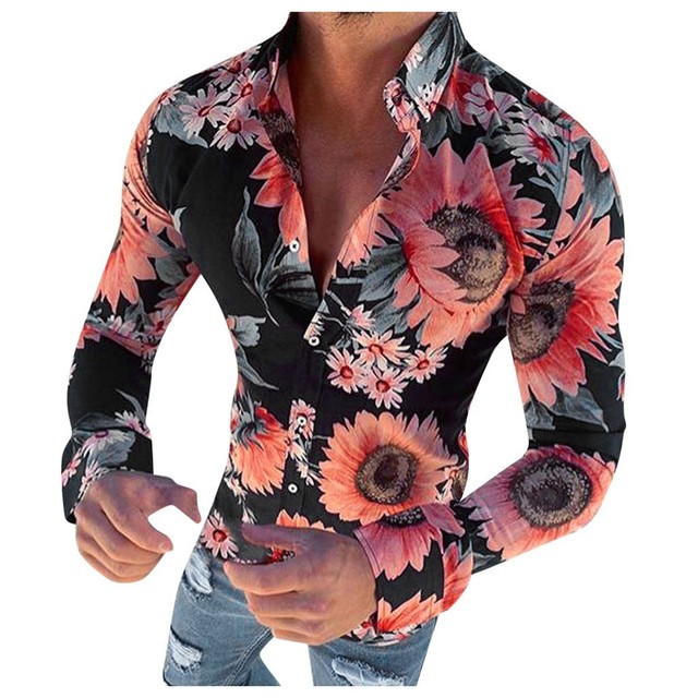 Men’s floral shirt long sleeve casual shirt fashion Lapel stand collar slim shirt men’s wear