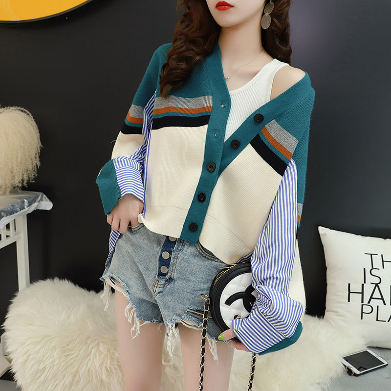 2020 Early Autumn New Internet Celebrity Shirt Stitching Knitted Cardigan Women's Fresh Style Trendy V-Neck Knitted Sweater Jacket 2020 Early Autumn New Internet Celebrity Shirt Stitching Knitted Cardigan Women's Fresh Style Trendy V-Neck Knitted Sweater Jacket