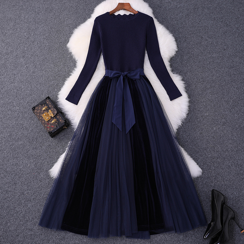 气质针织修身网纱丝绒系带显瘦连衣裙秋季新款女装百褶长裙87187