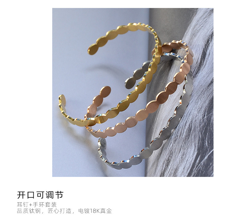 Fashion Retro Minimalist Oval Stitching Titanium Steel Earrings Bracelet Set For Women display picture 3