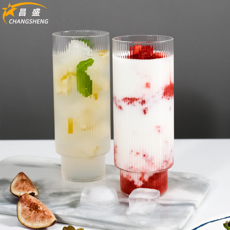 日式竖条纹透明玻璃叠叠大口杯INS咖啡饮料果汁奶茶鸡尾酒水杯子
