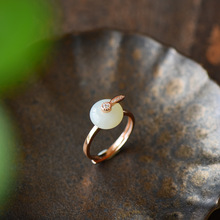 天然平安扣白玉戒指首饰百搭玫瑰金s925银镶嵌和田玉饰品玉戒批发