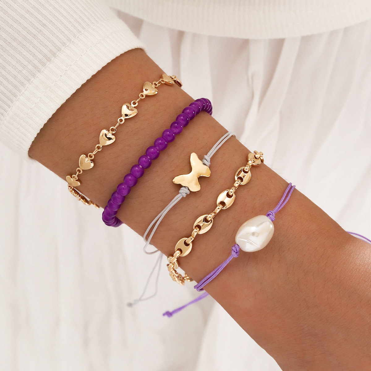 Purple  Pig Nose Chain Imitation Shaped Pearl Butterfly  Hand Rope Heart Bracelet 5 Piece Setpicture2