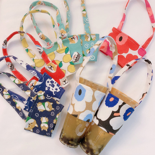 Japanese cotton diagonal hand-cranked cup bag cloth bag milk tea drink children's cartoon water cup cover protective cover printed with logo