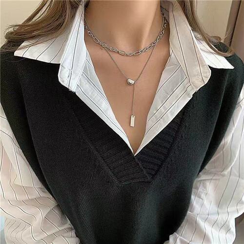 Titanium steel non-fading double layer stacked lucky bean necklace women's clavicle chain 2020 new high-end sweater chain
