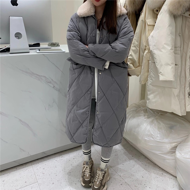 2020秋冬咖色加厚兔毛拼接90白鸭绒羽绒服外套女菱格中长款面包服|ru