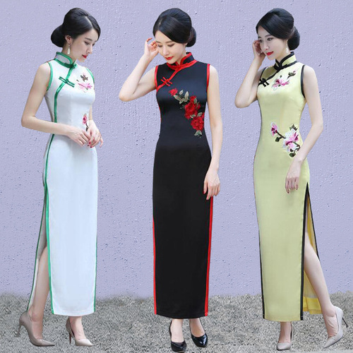 Old Shanghai Chinese dresses oriental retro Qipao Cheongsam for women  elegant long sleeveless literary costumes Chinese wind restoring ancient ways improved cheongsam