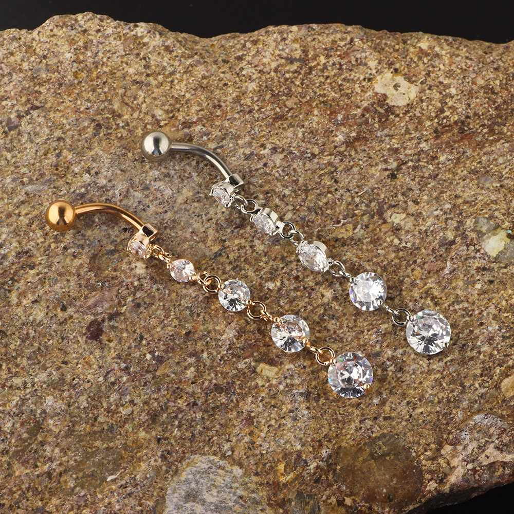 Luxury Zircon String Gold Pendant Belly Button Ring - Rose Gold 316L Surgical Steel Dangle Belly Ring detail image 9