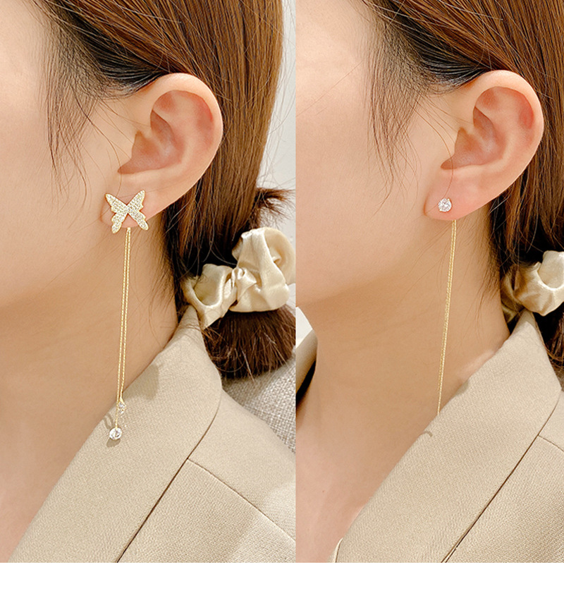 Retro Micro-inlaid Zircon Butterfly Long Tassel Asymmetrical Temperament Copper Earrings display picture 1