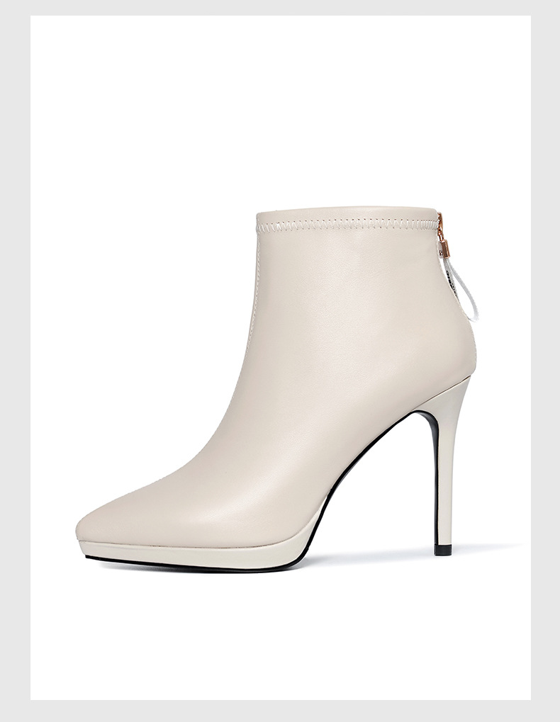Boot cổ ngắn nữ da bò gót nhọn 10 cm mùa thu đông — Lớp lót nhung đen chi tiết 16