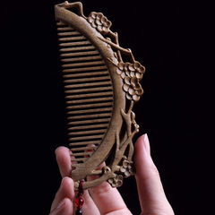 金絲楠木木梳 雙面雕刻古風桃花隨身木梳子 整木雕刻木製工藝品