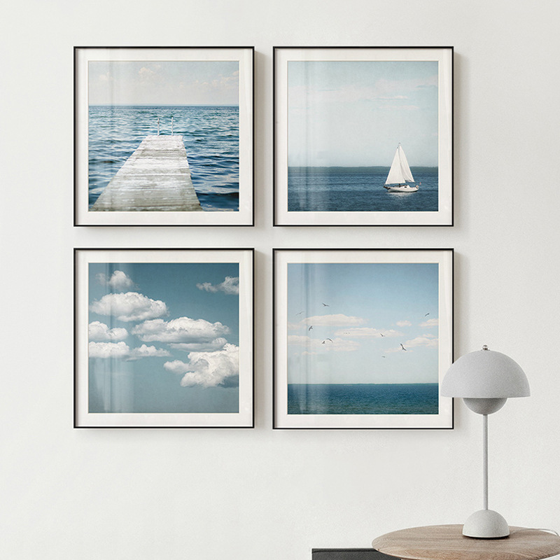 北欧清新风格蓝色大海码头风景客厅横幅电表箱装饰画图片画芯