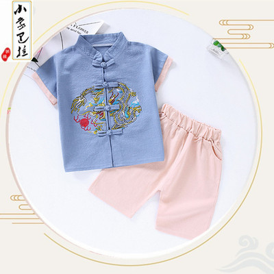 2021夏季新款中国风儿童棉麻刺绣汉服套装民族风复古短袖唐装