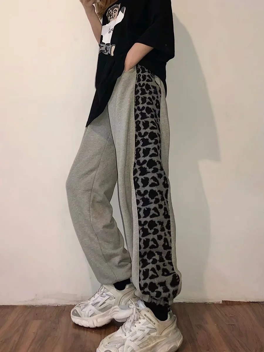 Pantalones deportivos con cordón y estampado de leopardo con costuras de otoño NSAC13986