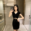 One line collar low chest short sleeve dress Plush wrap hip skirt