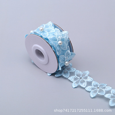 En stock 3,3 cm de una sola capa de flores bordadas de seis pétalos de flores orden perla encaje de organza de encaje ropa de falda de DIY