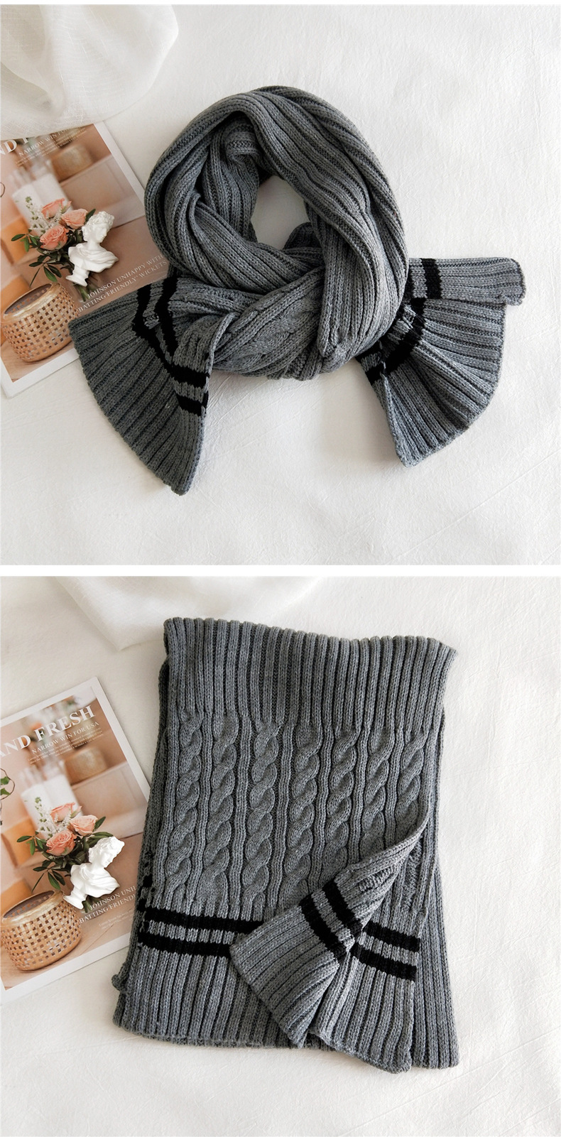 Striped Two-color Wool Knitted Scarf display picture 8
