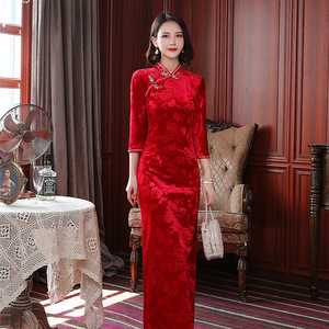 Cheongsam Chinese dresses traditional velvet long solid color daily retro catwalk Cheongsam women