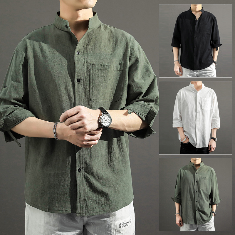 Summer Loose Solid Color Stand Collar Men's Shirt