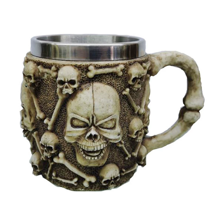 3D череп Mug — смоляной внешний слой и двойной слой нержавеющей стали, Gothic Goblet 330–400 мл
