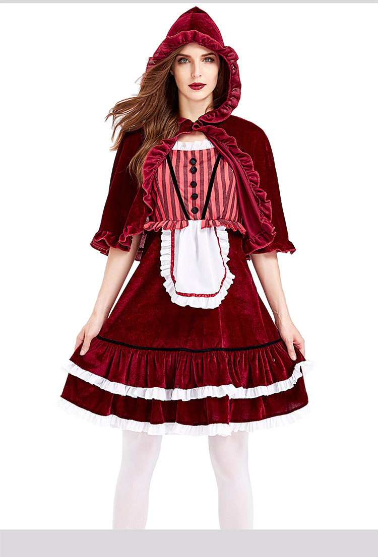 Halloween Costume New Foreign Trade Dress Striped Wine Red Lace Shawl Little Red Riding Hood Party Costume Short Skirt display picture 4
