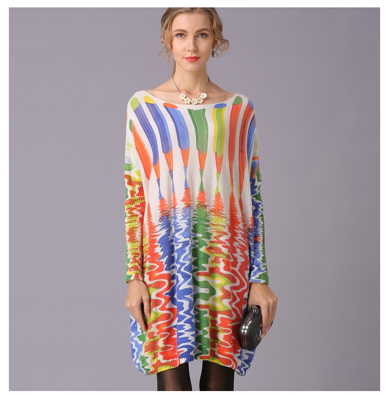 Autumn Winter Sweaters Loose Idle Pencil Print Pullover Mid Length Knitwear Women