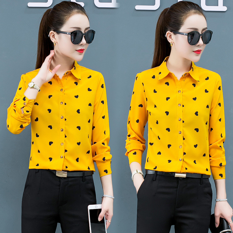 Primavera y otoño nueva camisa blanca roja amarilla impresa Camisa de gasa de manga larga de las mujeres estilo coreano de las mujeres slim fit delgada image 7