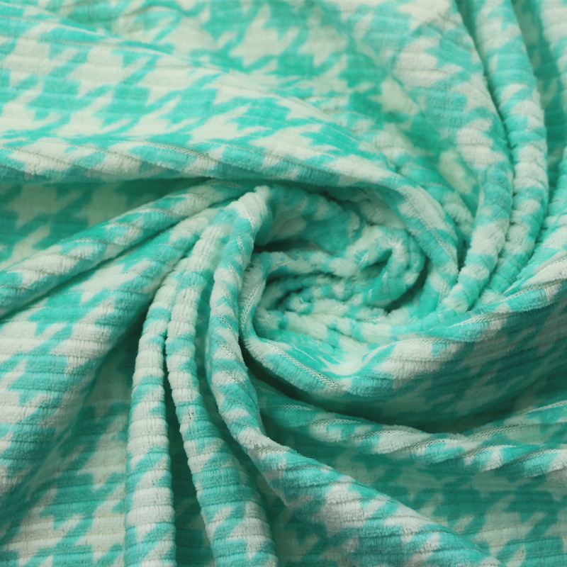 针织天鹅绒剪绒布横抽条千鸟格圆网活性印花氨纶抽条CVC天鹅绒布