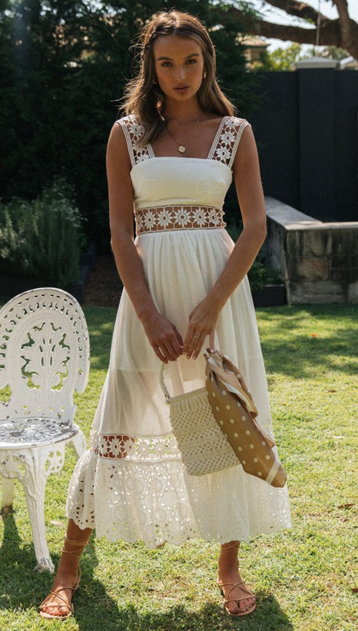 Long  Lace Stitching Big Swing Bohemian White Beach Dress - Bohemian White Beach Dress - Uniqistic.com