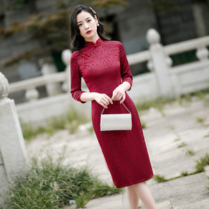 Chinese Dress Qipao for women cheongsam sleeve cheongsam pure double layer smooth satin long size cheongsam