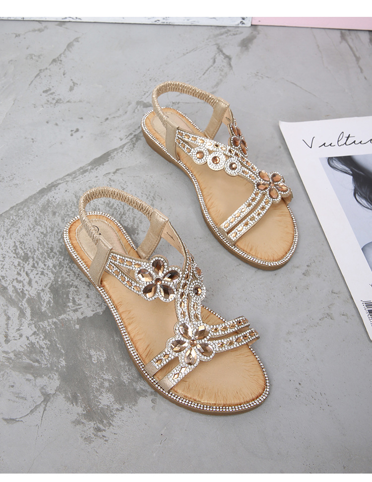 2024 New cross-border large-sized hollowed-out sandals, Bohemian-style women's shoes, summer comfortable flat diamond sandals undefined