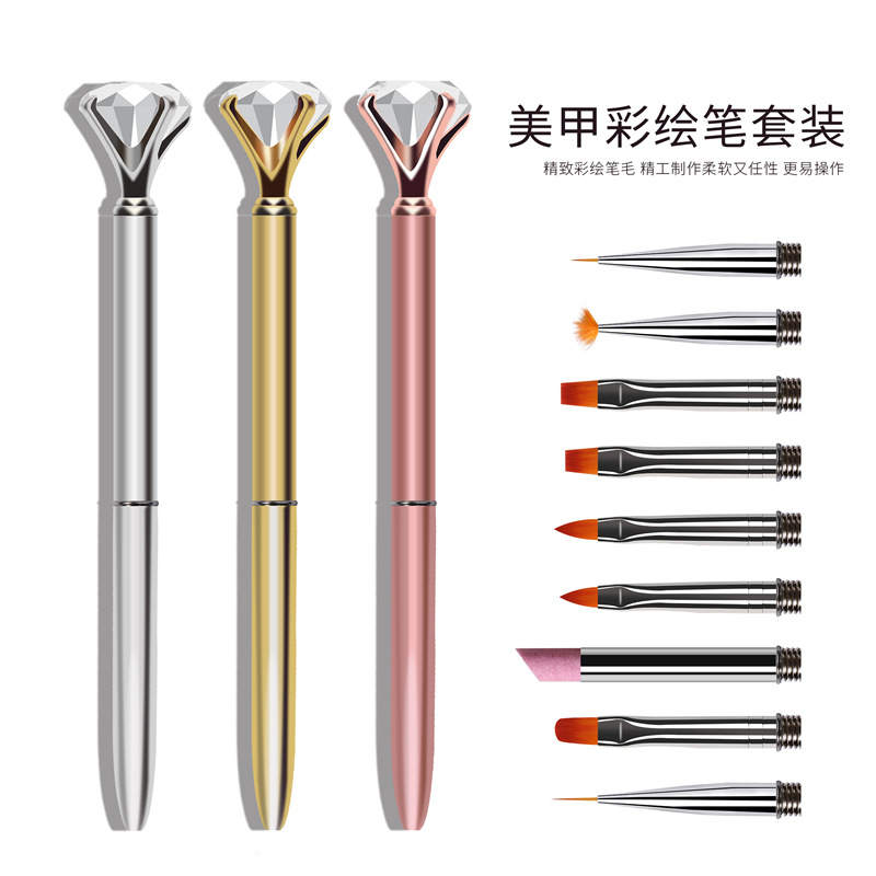 Gran diamante nail art pen traje de dibujo de cuarzo pluma en flor 10 cabezas reemplazables en caja de color pintura pluma traje