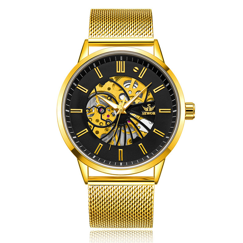 SEWOR moda de los hombres Milán malla reloj mecánico automático de negocios reloj mecánico hueco-fuera reloj transparente 1827