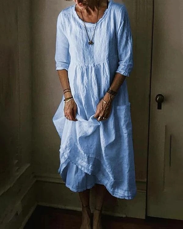 Casual Round Neck Linen Solid Color Long Dress