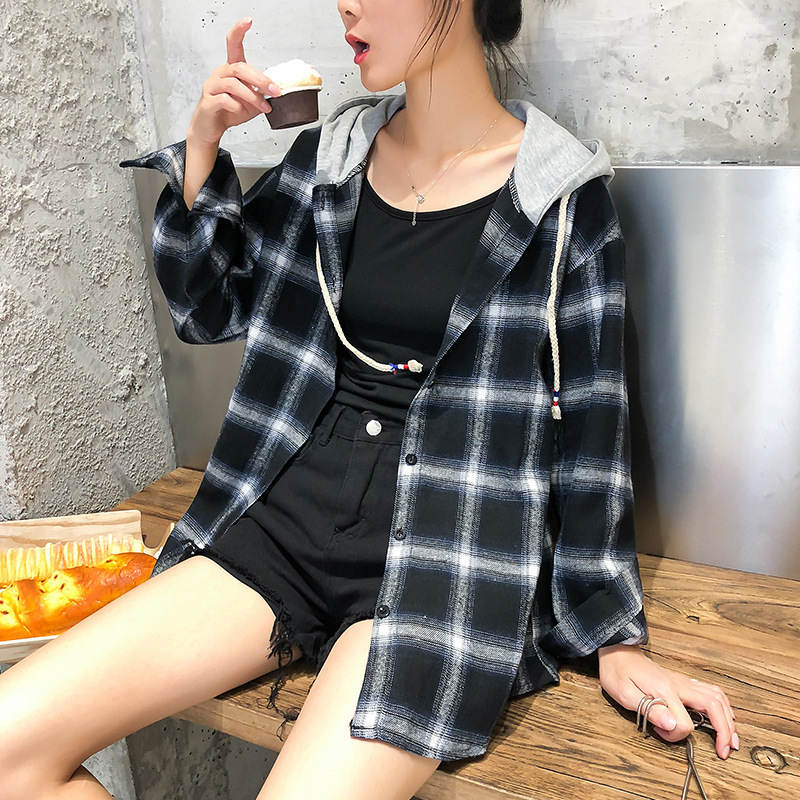 Women's loose plaid long-sleeved blouse New Harajuku Student Shirt Jacket in Spring_voghion.com
