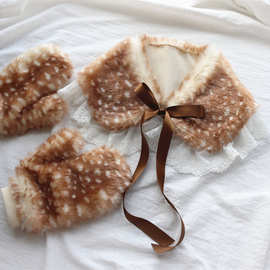 全指冬季保暖女可爱森系小鹿户外毛绒手套 圣诞装饰演出服饰套装