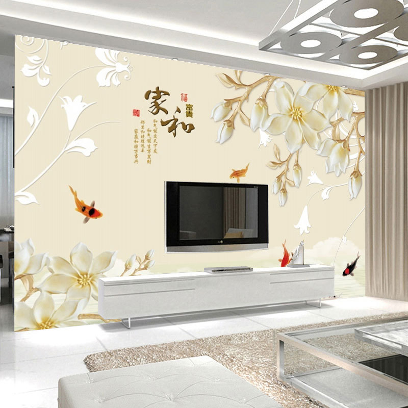 新中式家和富贵墙纸5D立体电视背景墙壁纸九鱼图影视墙布装饰壁画