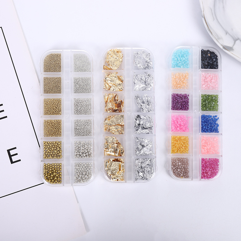 Nail jewelry gold and silver foil 12 color flat Pearl DIY handmade patch 12 grid Diamond box jewelry nail drill