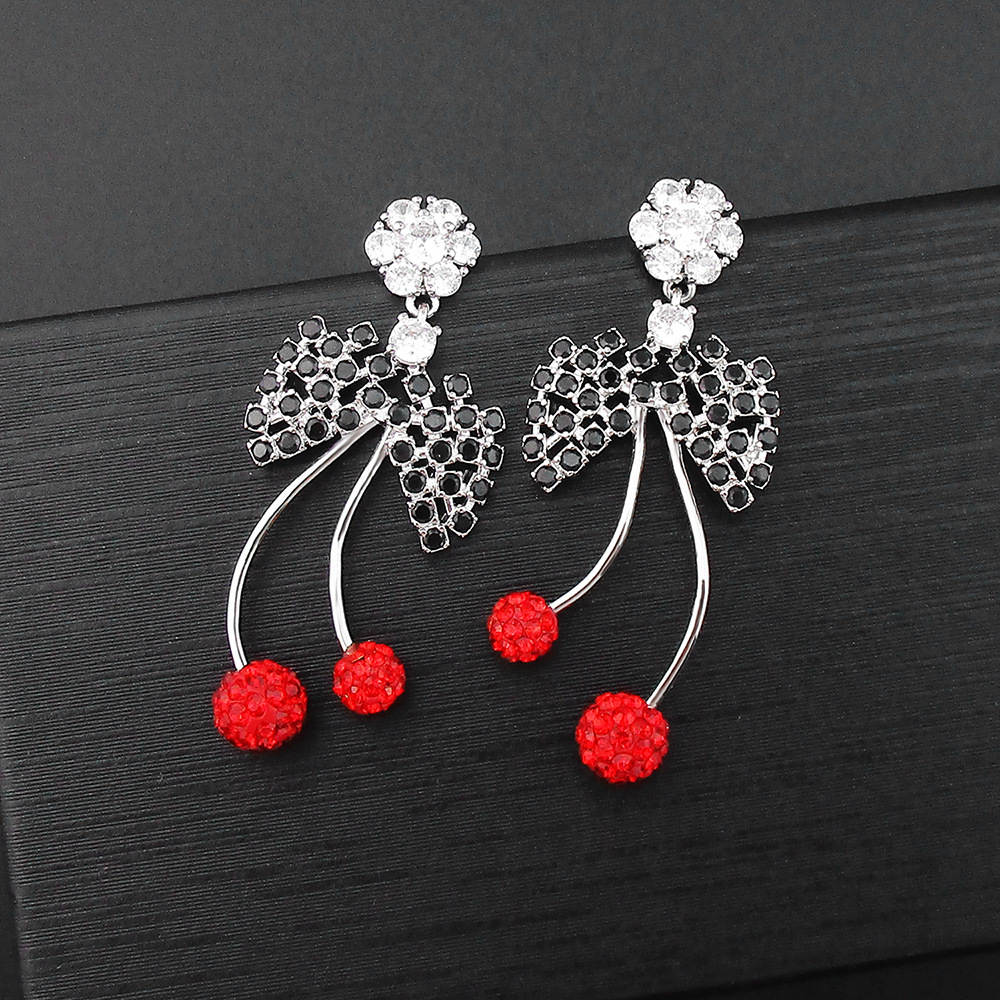 Red Cherry Bow Exaggerated Long Earrings display picture 3